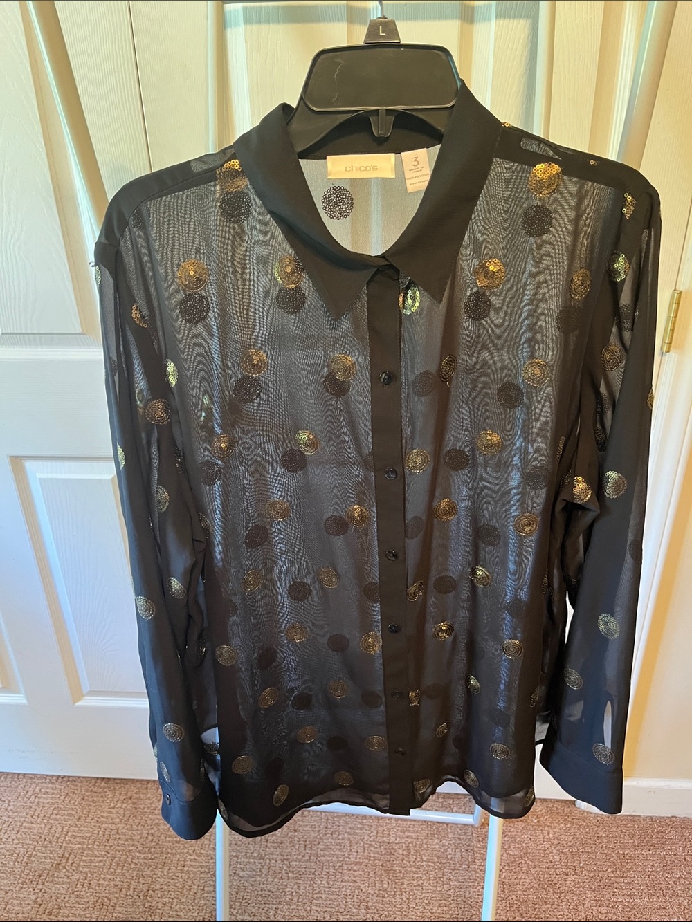 Chico's Black Blouse with Gold Beaded Accent PTP25” L 27”
